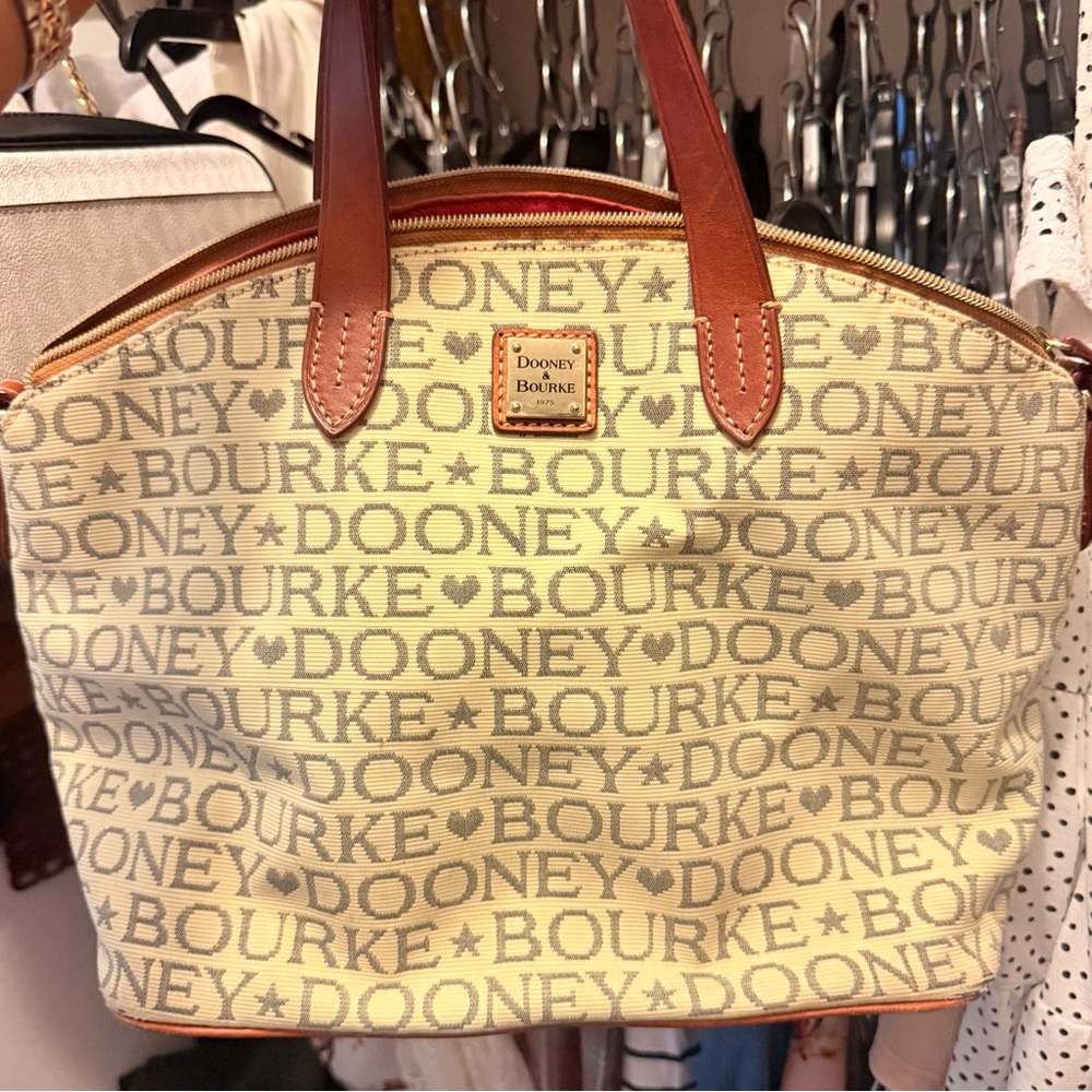 Dooney & Bourke Cream and Brown Tote Bag with Monogram Print